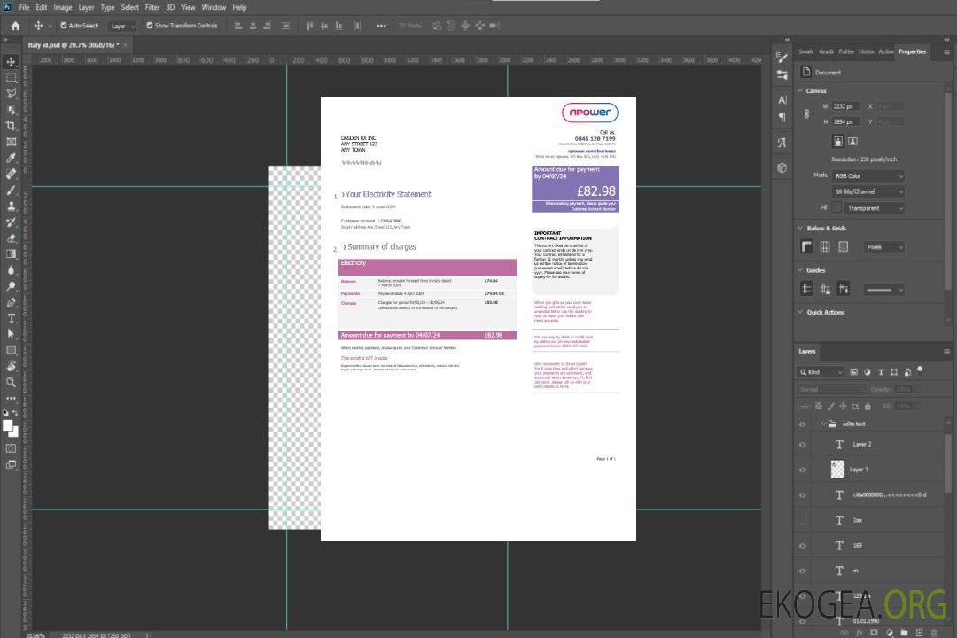 Facture de services publics Npower du Royaume-Uni, modèle Word et PDF template Facture de services publics Npower du Royaume-Uni, modèle Word et PDF template